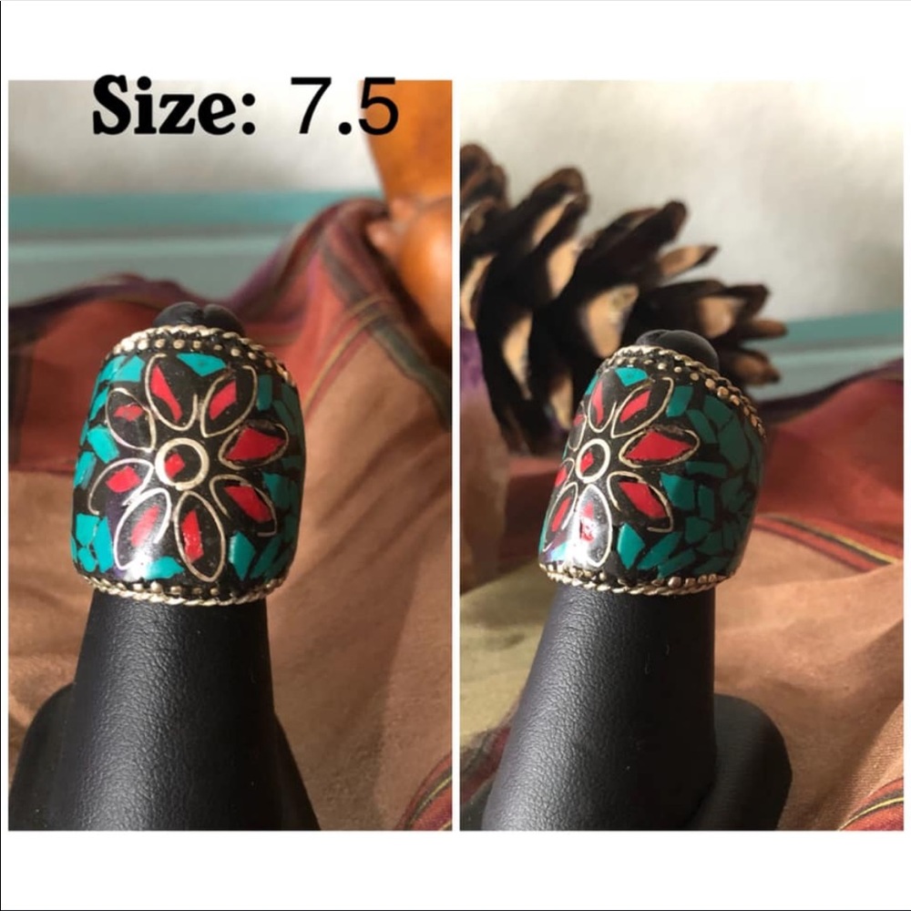 Turquoise and Red Coral Ring